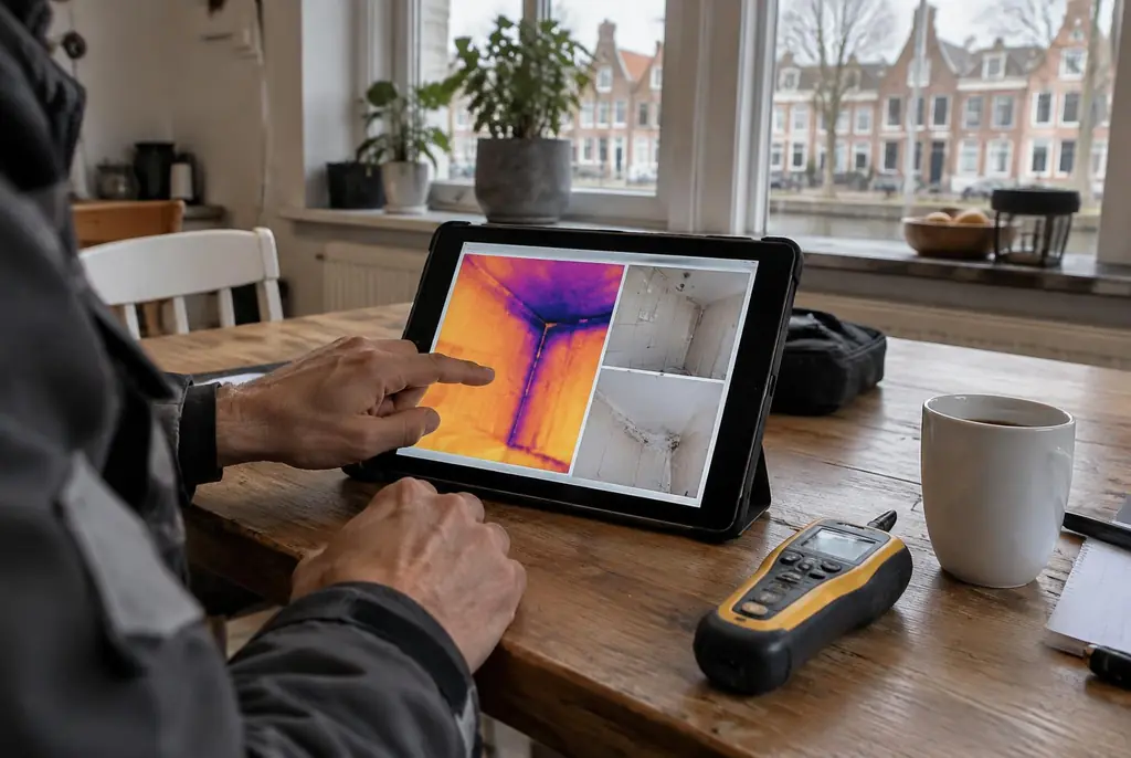 Lekdetectie Alphen aan den Rijn – lekdetectierapport met warmtebeelden en foto's op een tablet