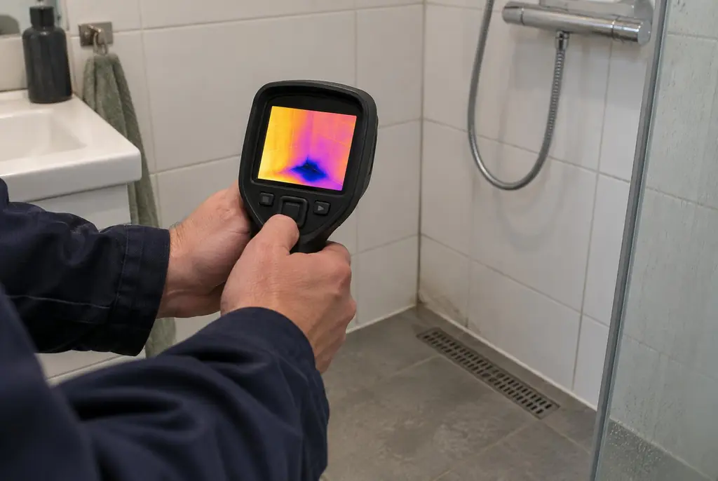 Lekdetectie Alphen aan den Rijn – lekdetectiespecialist met warmtebeeldcamera in een badkamer