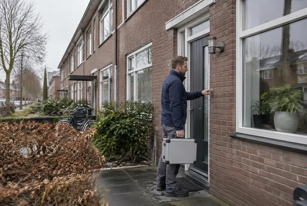 Lekdetectiespecialist met meetkoffer bij de voordeur van een woning in Alphen aan den Rijn